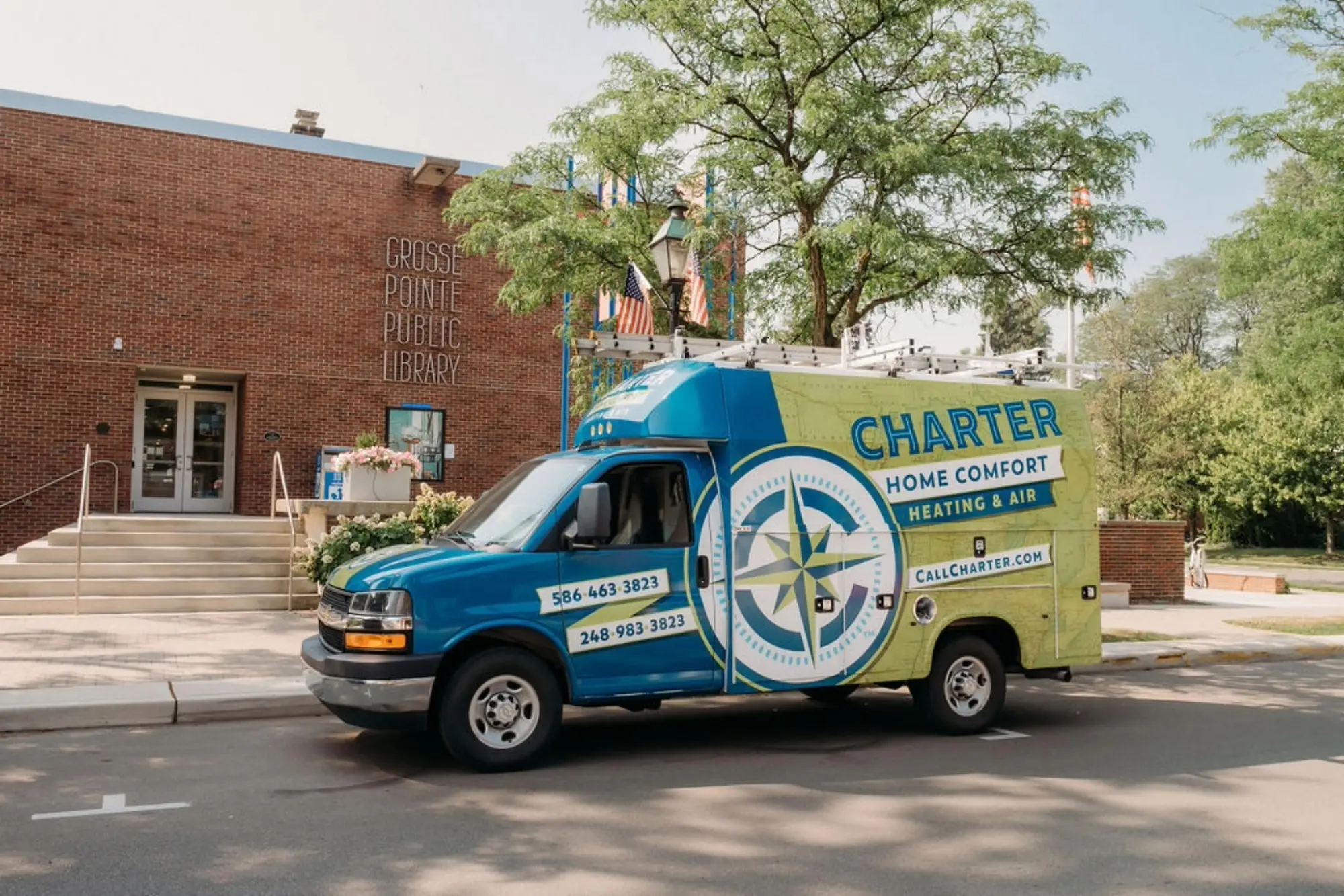 Charter home comfort van parked Infront of grosse pointe public library grosse  Pointe farms Michigan